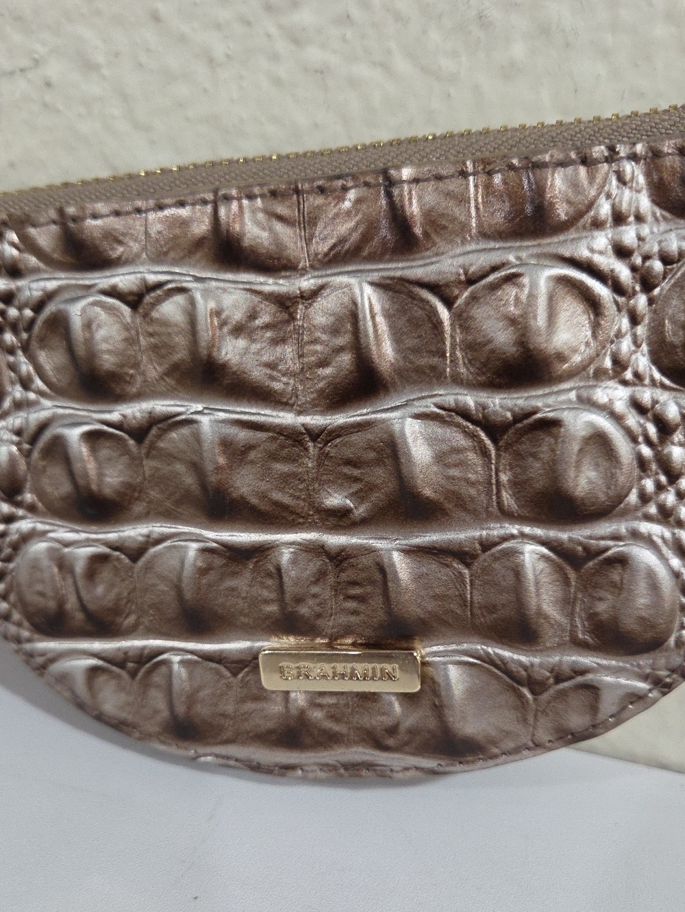 Brahmin Metallic Bronze Croc-Embossed Zipper Coin Purse with Gold Plate